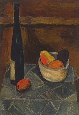 Nature morte  la bouteille et au bol de fruits (1951) - Solange Legendre