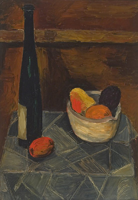 Solange LEGENDRE - Nature morte � la bouteille et au bol de fruits (1951)